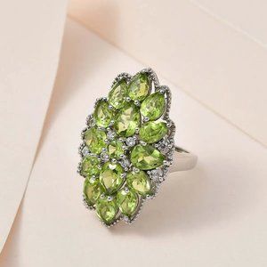 NEW Premium Peridot and White Zircon Ring in Platinum Over Sterling Silver Sz 8